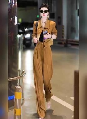 奥特莱斯撤柜清仓捡漏御姐轻熟风姜黄色polo领工装阔腿裤两件套装