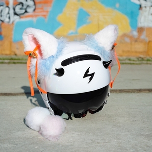 可爱毛绒荧光色耳朵网红铃铛飘带头盔装饰可拆卸机车滑雪冰球摩托