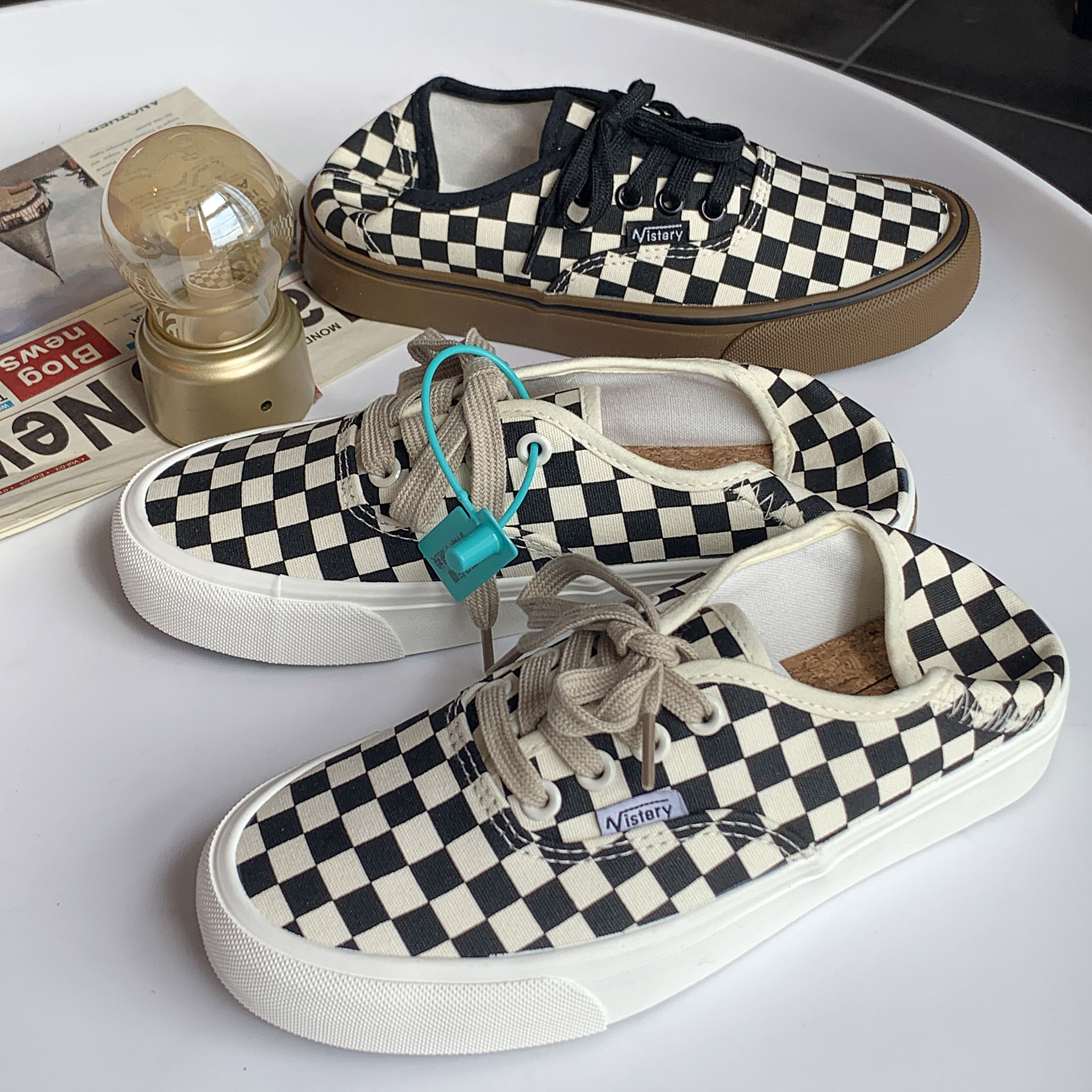 旺仔家 帆布鞋女2023春秋黑白格子鞋ins潮原宿韩版ulzzang小众男