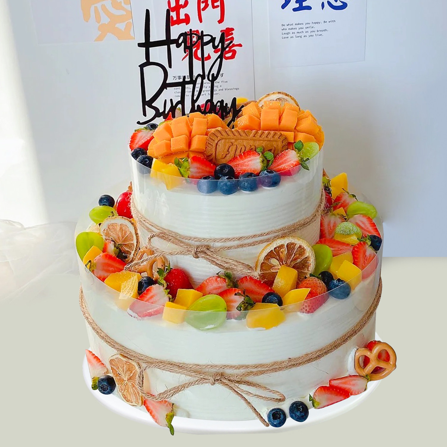 双层水果仿真蛋糕模型网红流行可定制生日塑胶假橱窗样品摆设道具