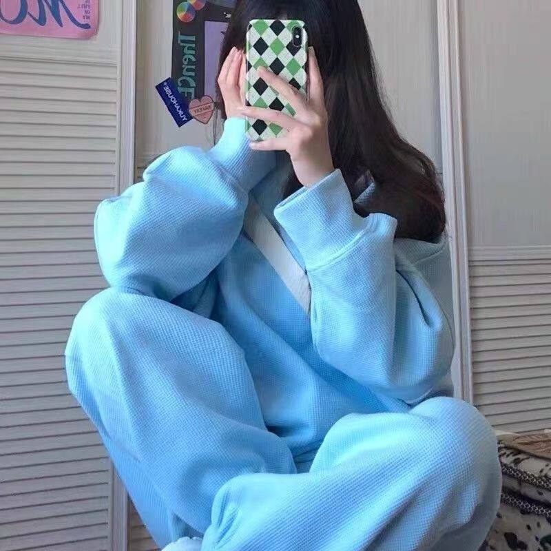 加绒加厚运动套装女秋冬季韩版学生小个子宽松时尚卫衣休闲两件套