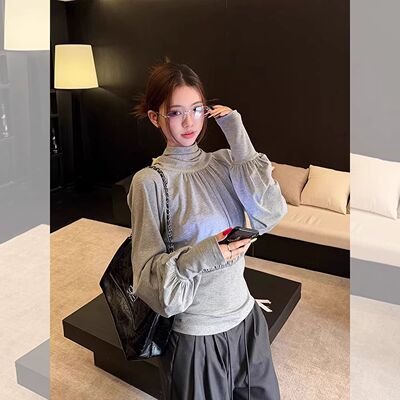 背后蝴蝶结收腰长袖T恤女春季