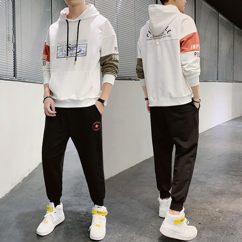 2021 spring sweater suit men's hooded casual youth non iron Pullover loose sportswear