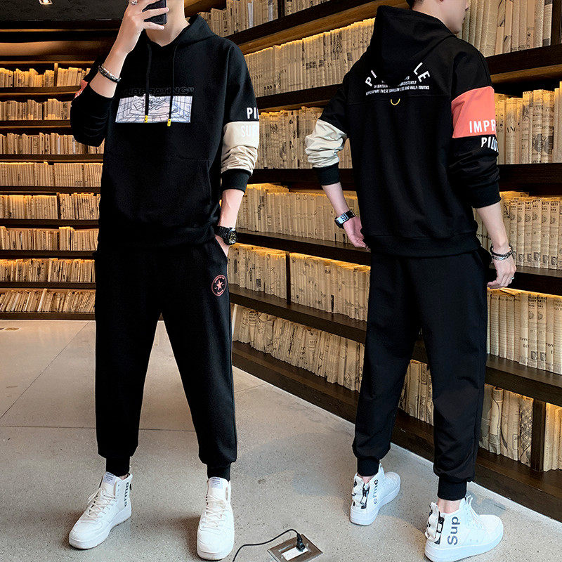 2021 spring sweater suit men's hooded casual youth non iron Pullover loose sportswear