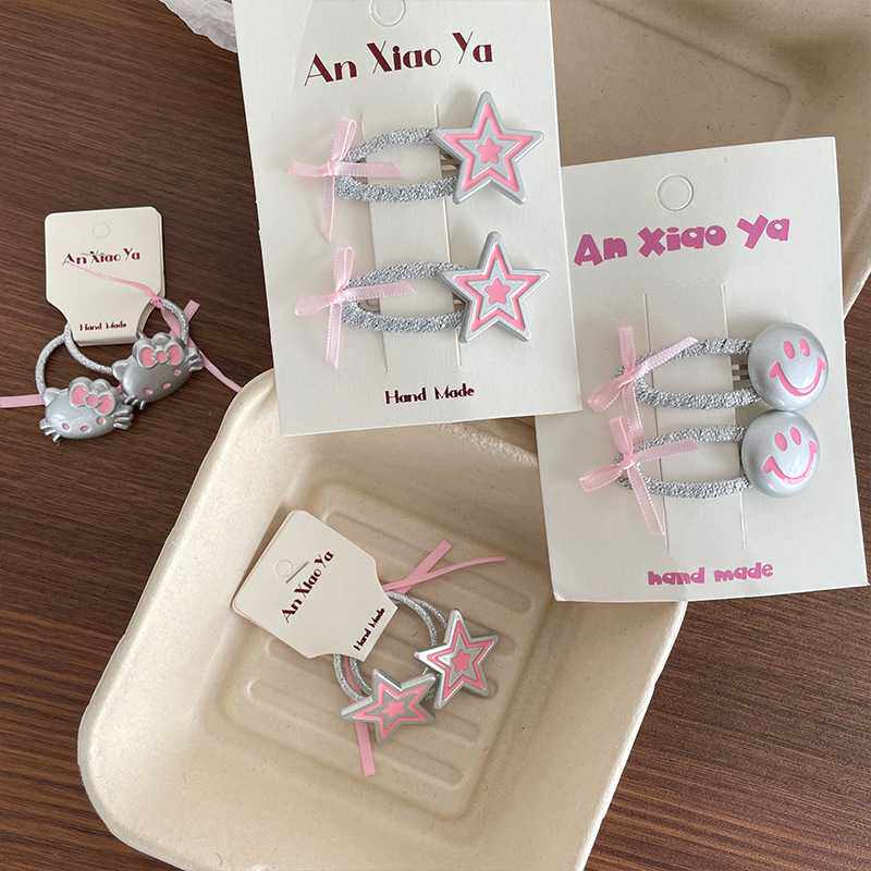 韩版新款银色属感卡通夹女童粉手打结侧边夹对装发卡头饰