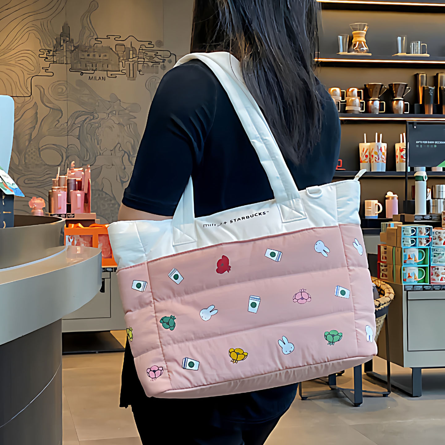 日系可爱米飞兔帆布印花通用款女包休闲单肩手提包粉色通勤托特包