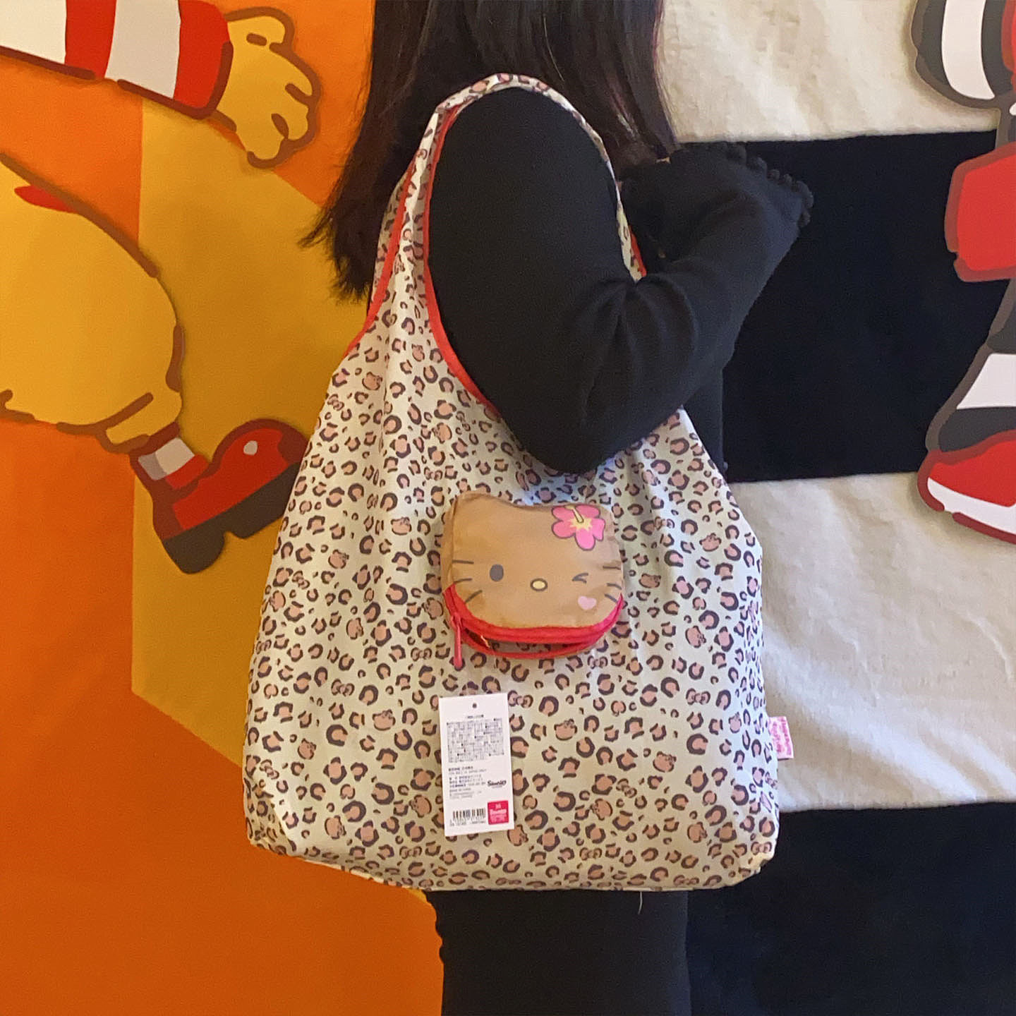 日系卡通可爱猫咪豹纹印花购物袋大容量折叠便携单肩手提袋环保袋