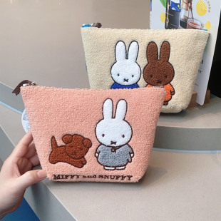 日系卡通米飞兔可爱刺绣手拿包毛绒帆布拼接化妆包女士杂物收纳包
