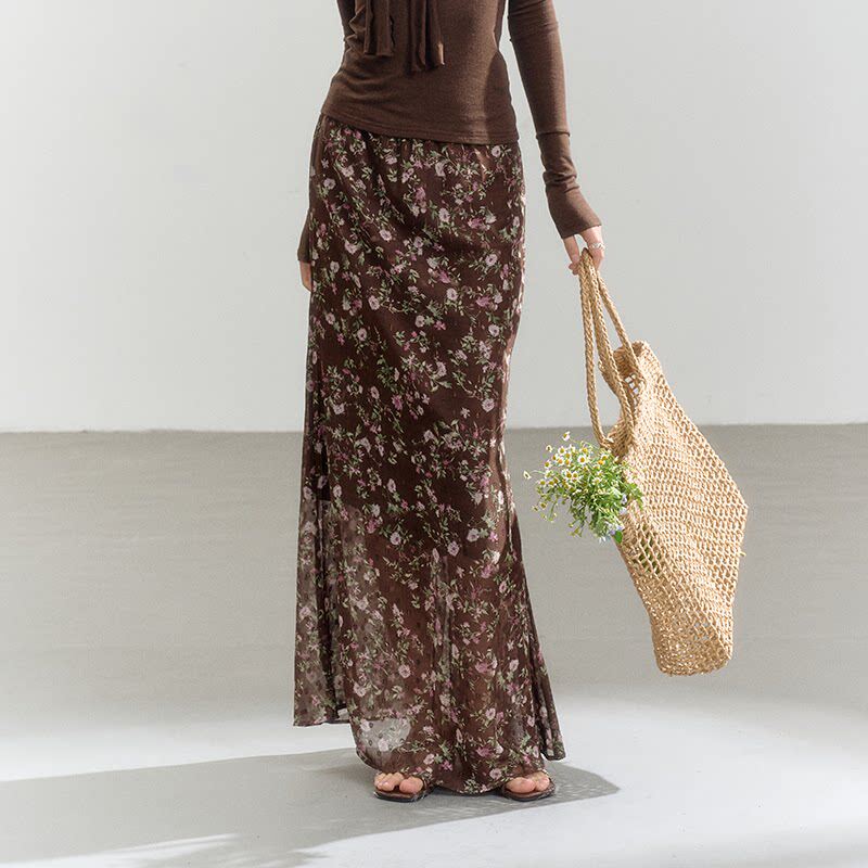 iNSLiiSA 透感高腰碎花半身裙早秋度假风包臀辣妹小个子休闲 长裙