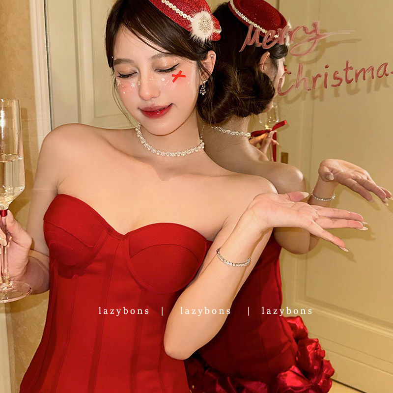 宴会连衣裙女气质名媛新年生日礼服重工立体玫瑰鱼骨收腰蓬蓬短裙