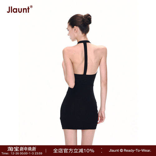 JLAUNT黑色挂脖连衣裙女