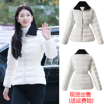 韩版短款翻领收腰白色羽绒服轻薄