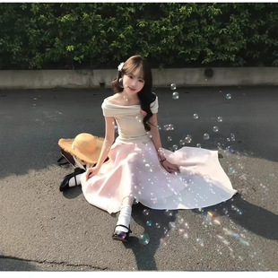 粉色缎面流光半身裙女夏天波光粼粼醋酸a字小个子珠光纱长款裙子