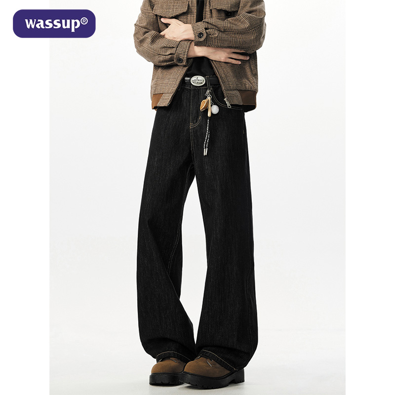 wassup 2025新款美式复古宽松阔腿牛仔裤男款潮牌长裤黑色原色