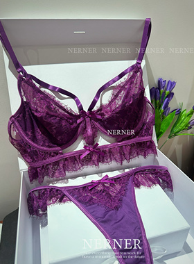 Ner紫夜朦朦*高级性感迷人蝴蝶结性感文胸紫色蕾丝舒服内衣套装