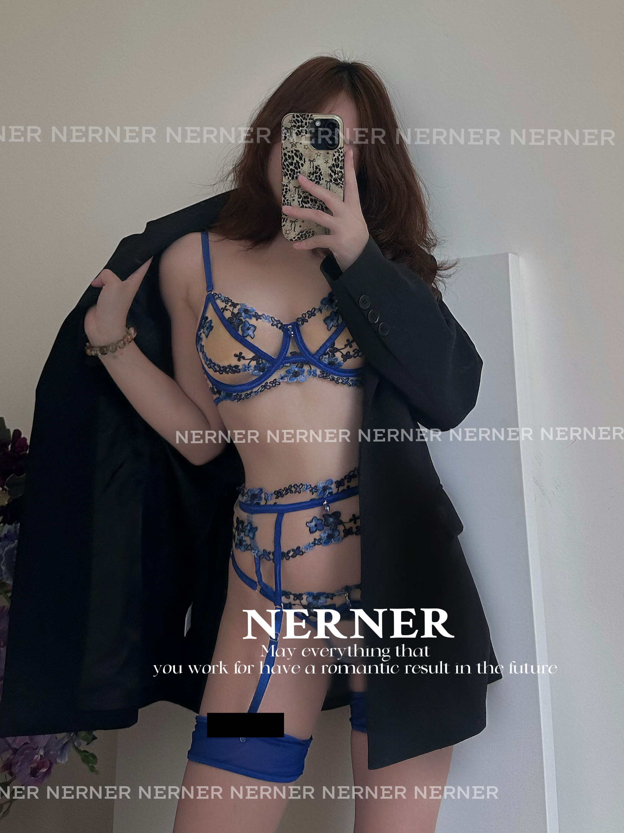 NERNER 蓝蝶*高品质法式性感宝蓝蕾丝透网纱刺绣高级内衣腿环套装