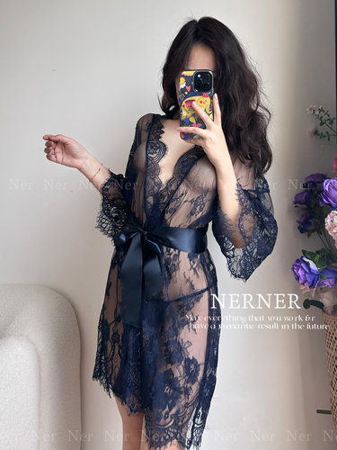 NERNER清澈眼眸*新款镂空蕾丝性感纯欲宽松大码睡袍百搭外袍女