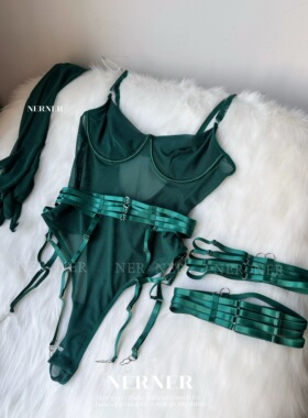 NERNER【紫望】柔软丝质感网纱收腰性感内衣套装高质感绑带连体衣
