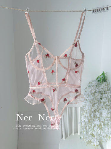 Ner奶油草莓*可爱可甜可盐性感女士带钢圈网纱刺绣内衣透视连体衣