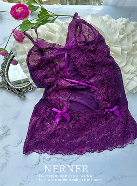 Ner Ner迷惑深紫*性感蕾丝绑带半透深紫色网纱吊带T裤睡裙