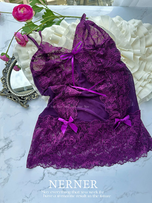 Ner Ner迷惑深紫*性感蕾丝绑带半透深紫色网纱吊带T裤睡裙