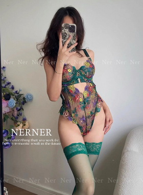 NERNER 浪漫绚丽*欧美性感绚丽花朵刺绣碎花透蕾丝内衣连体衣套装