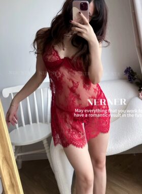 NERNER火辣夏日* 性感睫毛蕾丝透吊带睡裙高级丝袜内衣套装女