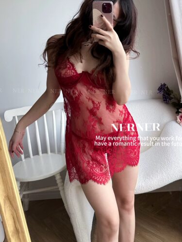NERNER火辣夏日* 性感睫毛蕾丝透吊带睡裙高级丝袜内衣套装女