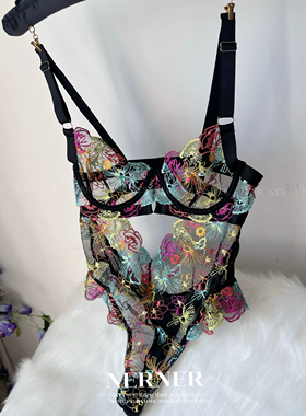 NERNER 绚丽花海*欧美性感绚丽花朵刺绣碎花透蕾丝内衣连体衣