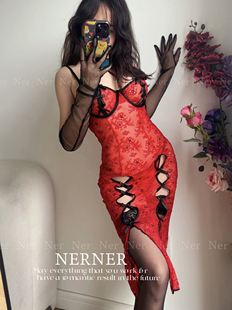 NERNER 秀色*复古风蕾丝吊带旗袍设计性感高级透黑红睡裙内衣套装