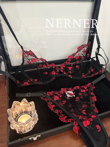 Ner红杏出墙*碎花刺绣蕾丝网纱透文胸套装性感御姐韵味红黑色
