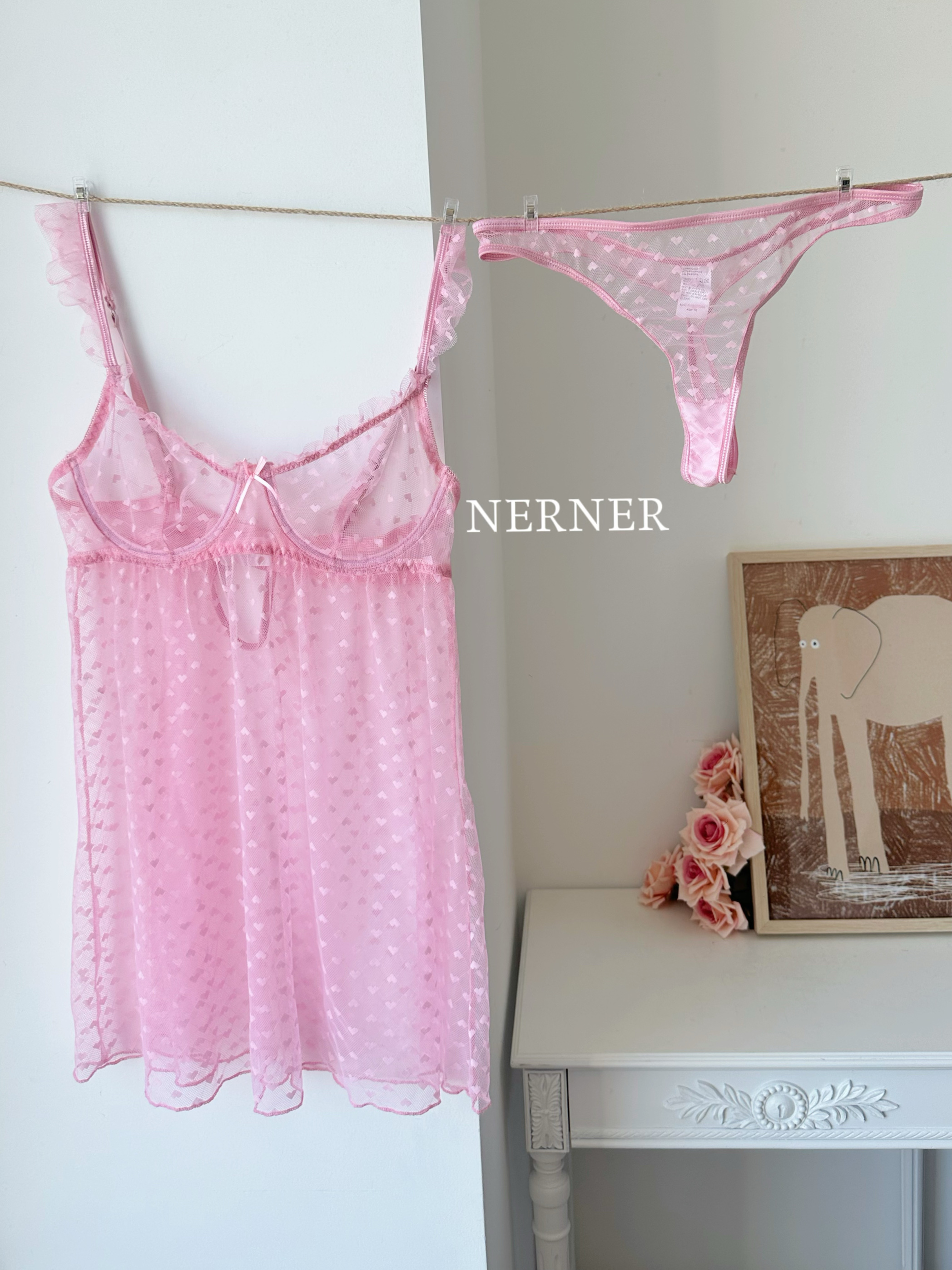 Ner【粉泡泡】爱心蕾丝少女纯欲透气诱惑睡裙粉居家性感透内衣