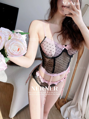 NERNER爱丽丝*欧美风性感粉黑撞色蕾丝花边内衣套装女透波点