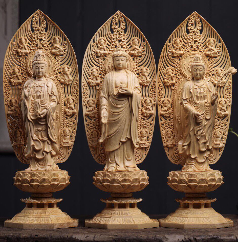 桧木雕刻西方东方三圣药师佛像大势至观音菩萨供奉摆件家居工艺品
