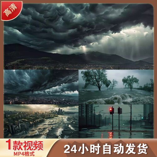 狂风暴雨特效城市洪水闪电内涝下击暴LED舞台背景视频剪辑素材