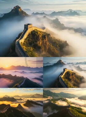 长城日出万里风景云海古城墙古建筑文LED舞台背景视频剪辑素材