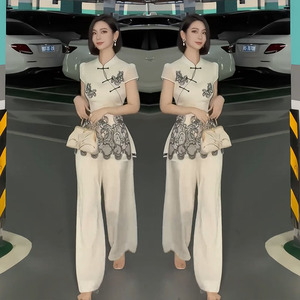 新中式精致套装女2025夏新款国风蕾丝刺绣盘扣旗袍上衣显瘦阔腿裤