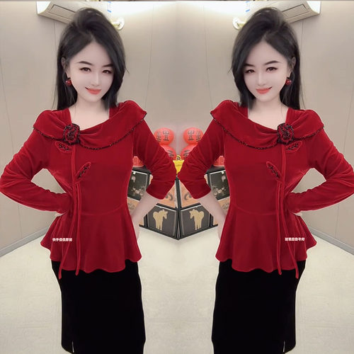 重工钉珠丝绒上衣半身裙显瘦套装