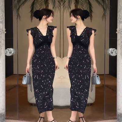 v领木耳边无袖修身碎花连衣裙女