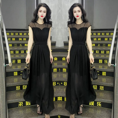 无袖收腰大摆长款连衣裙显瘦黑色