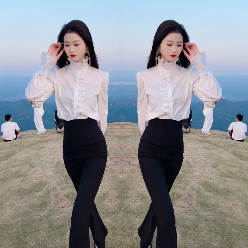 高级感春秋新款气质白色衬衫女洋气修身显瘦百搭立领喇叭袖上衣潮,女装/女士精品,衬衫,淘宝优惠券,粉丝福利购,淘宝优惠卷