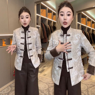 新中式国风时尚套装女秋冬款提花盘口修身棉衣+百搭显瘦阔腿皮u裤