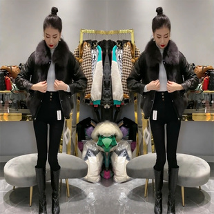 网红爆款韩版PU皮毛一体派克服女2023冬季毛领加厚拉链宽松外套潮