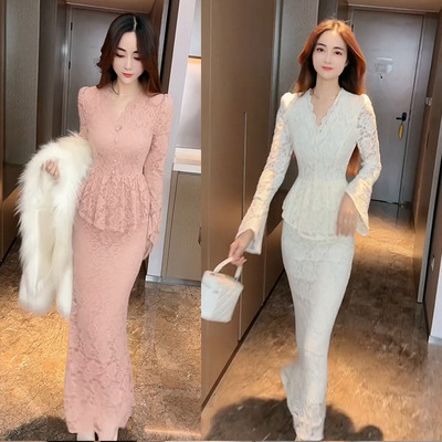 蕾丝假两件V领收腰遮肉连衣裙女