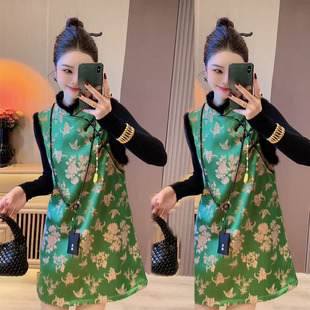 新中式旗袍裙套装女冬季新款高级感提花拼毛马甲盘口连衣裙打底衫