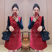 加绒保暖外套打底衫 中长马甲连衣裙冬季 两件套 国风绝美套装 新中式