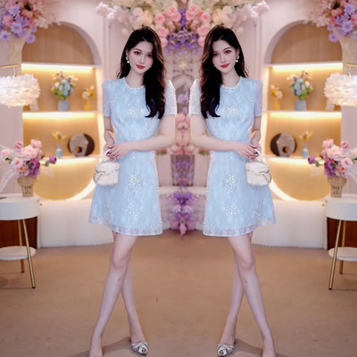 重工刺绣蕾丝收腰A字连衣裙洋气