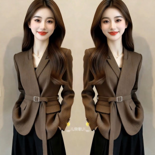 韩系高级感气质职业西装 腰带显瘦百搭V领小西服 外套女2026春新款