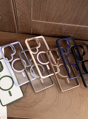 适用于三星S25Ultra手机壳磁吸圈镜头支架透明轻奢S24Plus/S26+/S23/S22硬全包防摔保护套