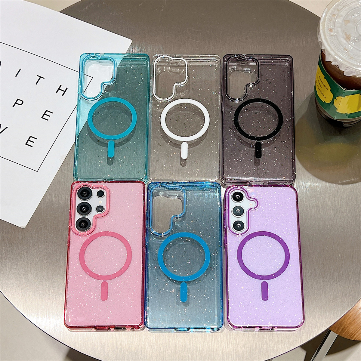 适用于三星手机壳磁吸透明闪粉